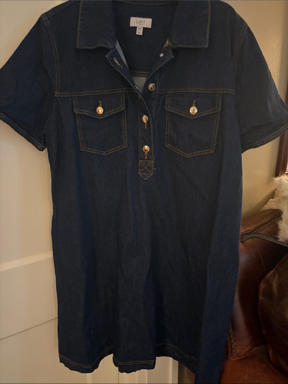 Like New Ann Taylor Dark Blue Denim Mini Pocket Dress with Gold Buttons  Size L